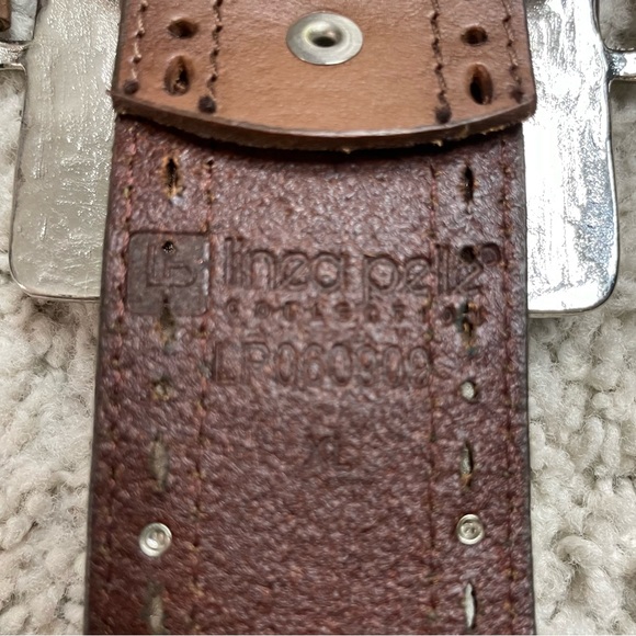 Women's Vintage LINEA PELLE Brown LEATHER Silver BUCKLE BELT XL - Picture 3 of 3